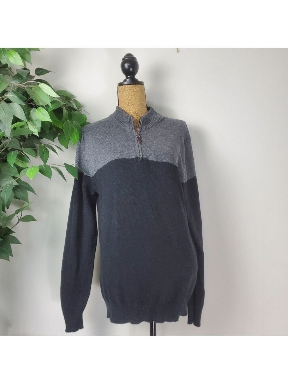 George 1/4 Zip Up Sweater, Men's Small Color Block Gray Black Ribbed